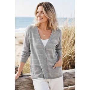 Talbots Woman Gray Striped Button Front Coastal Cardigan Sweater Plus Size 1X